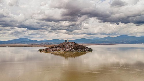 Aerial of the Janitzio island on lake Lake Patzcuaro, Michoacan