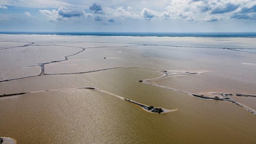 Aerial of the colourful salinas of Las Coloradas, Yucatan