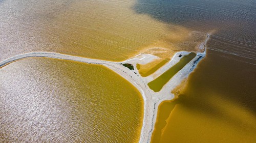 Aerial of the colourful salinas of Las Coloradas, Yucatan