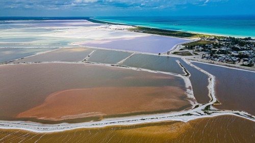Aerial of the colourful salinas of Las Coloradas, Yucatan