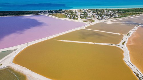 Aerial of the colourful salinas of Las Coloradas, Yucatan