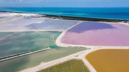 Aerial of the colourful salinas of Las Coloradas, Yucatan