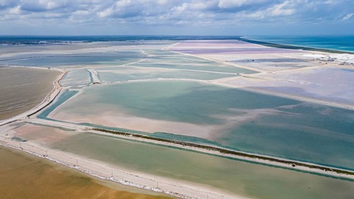 Aerial of the colourful salinas of Las Coloradas, Yucatan