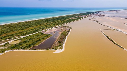Aerial of the colourful salinas of Las Coloradas, Yucatan