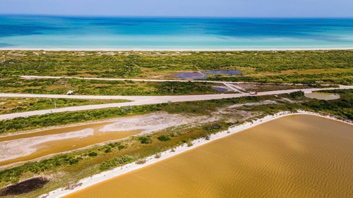 Aerial of the colourful salinas of Las Coloradas, Yucatan