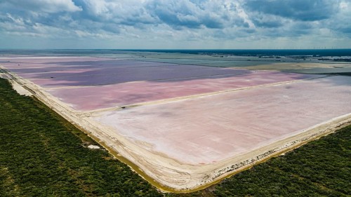 Aerial of the colourful salinas of Las Coloradas, Yucatan