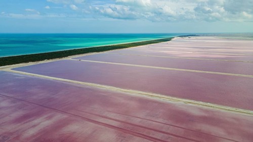 Aerial of the colourful salinas of Las Coloradas, Yucatan