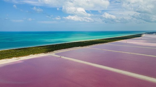 Aerial of the colourful salinas of Las Coloradas, Yucatan