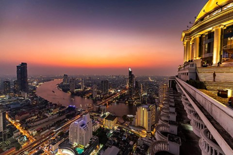 Nightshot from Bangkok and the Chao Phraya River with the dome of Lebua tower, Bangkok