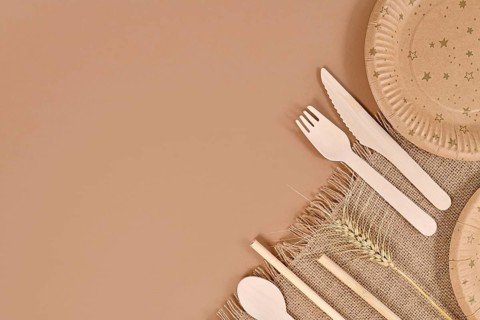 Eco friendly paper party plates and wooden cutlery in corner of beige background with copy space,