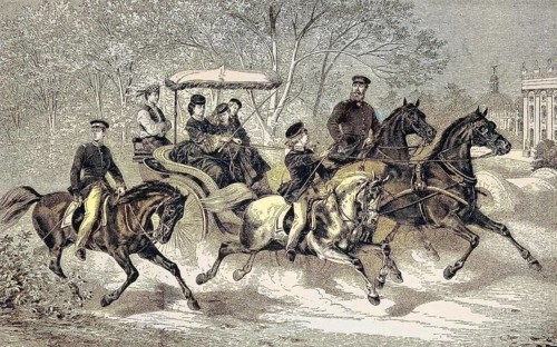 Crown Prince Frederick William with his family on a ride with horses and carriage, Germany