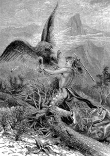 Indian fights with an eagle and strikes the bird with a stick, America