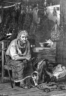 Old sorceress in her room with cat and many magic props,1880