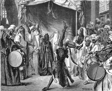 Wedding celebration with music and acrobatics and a veiled bride in Cairo,1880