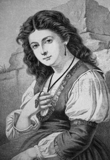 Portrait of a woman with long dark hair and a necklace and earrings, after a painting by U. Ewald