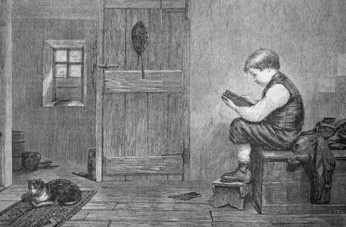 Boy drawing a likeness of his cat on his blackboard, Historic
