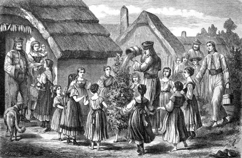 The custom of the Dodolo or Rain Girl from Romania, during a long drought a girl wraps herself in green brushwood and is doused with water by the master of the house
