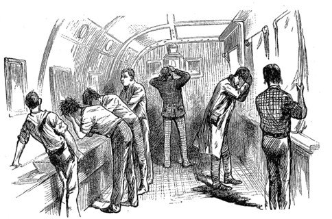 Scene on an English emigrant ship, here the washroom
