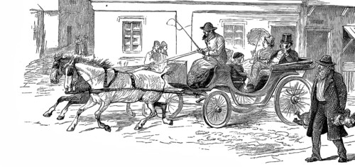 Travelling by horse-drawn carriage, distinguished couple on their way to town