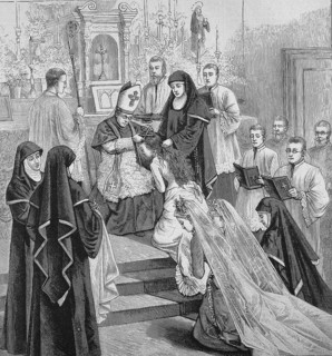 Dressing and haircutting of the new nuns in the order of Benedictine nuns,1880