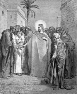 Biblical scene in Jerusalem, Jesus Christ gives the interest groschen