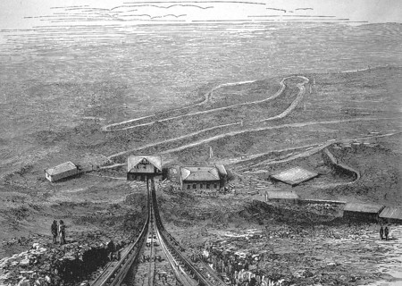 The cable railway up the crater of Vesuvius, Campania. View from the centre of the railway downwards to the roadway between the lower station and the observatory