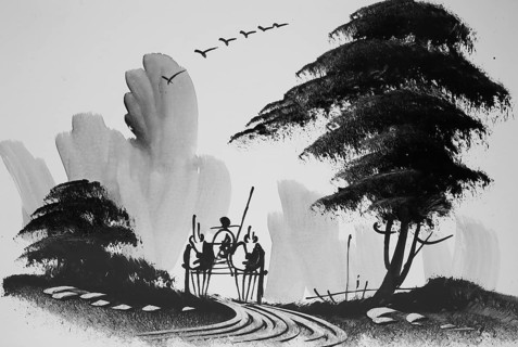 Farmer with horse and cart, Tree