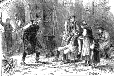 Village dentist, the village blacksmith as a doctor with a suffering patient who is being held by two people