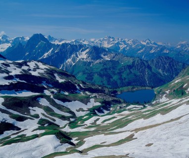 View from the foghorn on the lake Seealpsee Allgaeu and the Austrian Alps Look of the foghorn on the lake nightmare lake Allgaeu and the Austrian Alps,