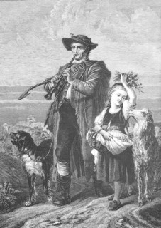 The shepherd returns home with his daughter in the evening, he plays the flute and the girl carries a basket of provisions and flowers