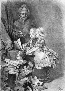 Wolfgang Amadeus Mozart as a boy at the piano, with his sister and a piano teacher
