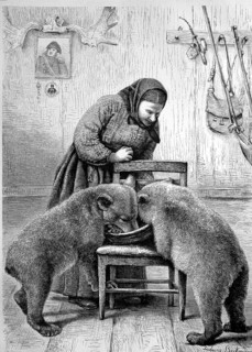 Farmer woman feeding two young bears she raised as orphans Norway, Historic