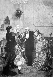 The great-grandfather is presented with the family offspring. He leans on his grandchildren, a child holds his crutches in the background