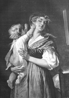 Young mother holding her youngest in her arms to put him to bed, Historisch