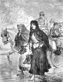 Poor people on way to church in Ireland, barefoot with shoes in hand