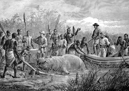 Hunting hippo in Angola in West Africa, the killed animal is surrounded by the hunting party and local hunting assistants