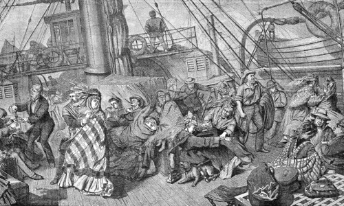 Fine company on the high seas has been surprised by a storm during a boat trip, Historisch