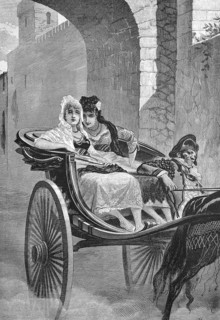 Two elegant young ladies ride carriage to bullfight, Spain