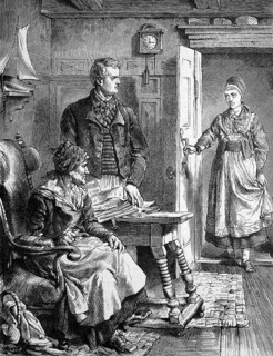 Woman comes in the door and disturbs a couple looking for something in a pile of papers, Historisch
