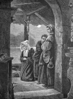 Praying woman in a small monastery chapel in Austria, digitally restored reproduction of an original 19th-century original