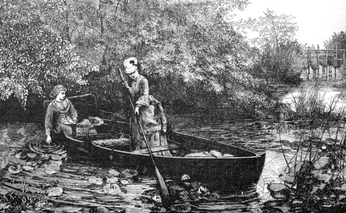 Two woman in a rowing boat on a pond with many water lilies, digitally restored reproduction of an original from the 19th century