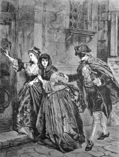 Two woman and a man walking home after the carnival ball,1880