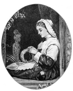 Woman making an immortelle wreath, a wreath of flowers with dry-skinned petals that do not wilt and therefore remain unchanged for a long time. Immortelle wreaths were mainly used as mourning decorati...
