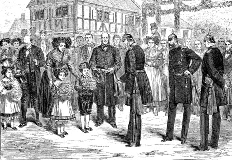 The Imperial Manoeuvre in Strasbourg 1879, children present the Emperor with bouquets of flowers