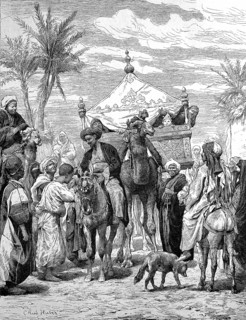 The landlord returns from the pilgrimage in 1879 from Mecca and is greeted by his subjects, camel with a travelling litter