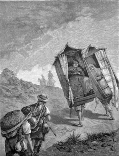 Journey of distinguished people in Central America, a priest and his housekeeper are carried in a palanquin by porters