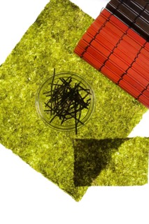 Nori, dried paper-like leaves made from seaweed