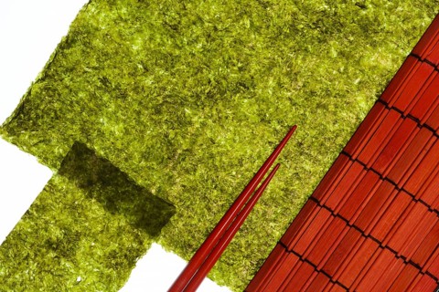 Nori, dried paper-like leaves made from seaweed