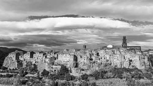 Panoramic view of the medieval town of Pitigliano, black and white photograph