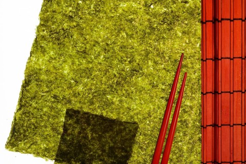Nori, dried paper-like leaves made from seaweed